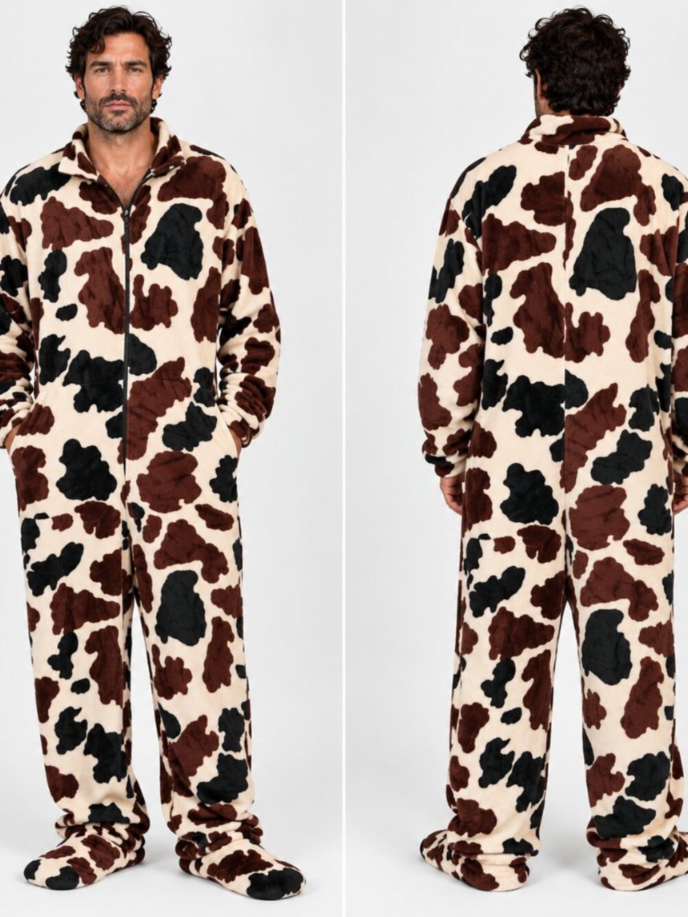 Cow Print Fleece Footed One Piece Pajamas Unisex Mens Womens 3XL Plush Jumpsuit